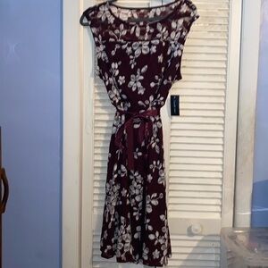 Candalite Floral Dress with Sheer Overlay and Sash Belt